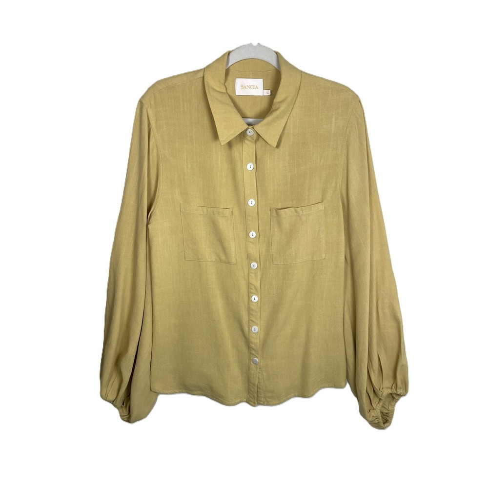 SANCIA Size L European Flax Linen Button Front Blouse Puff Sleeve Mustard Yellow